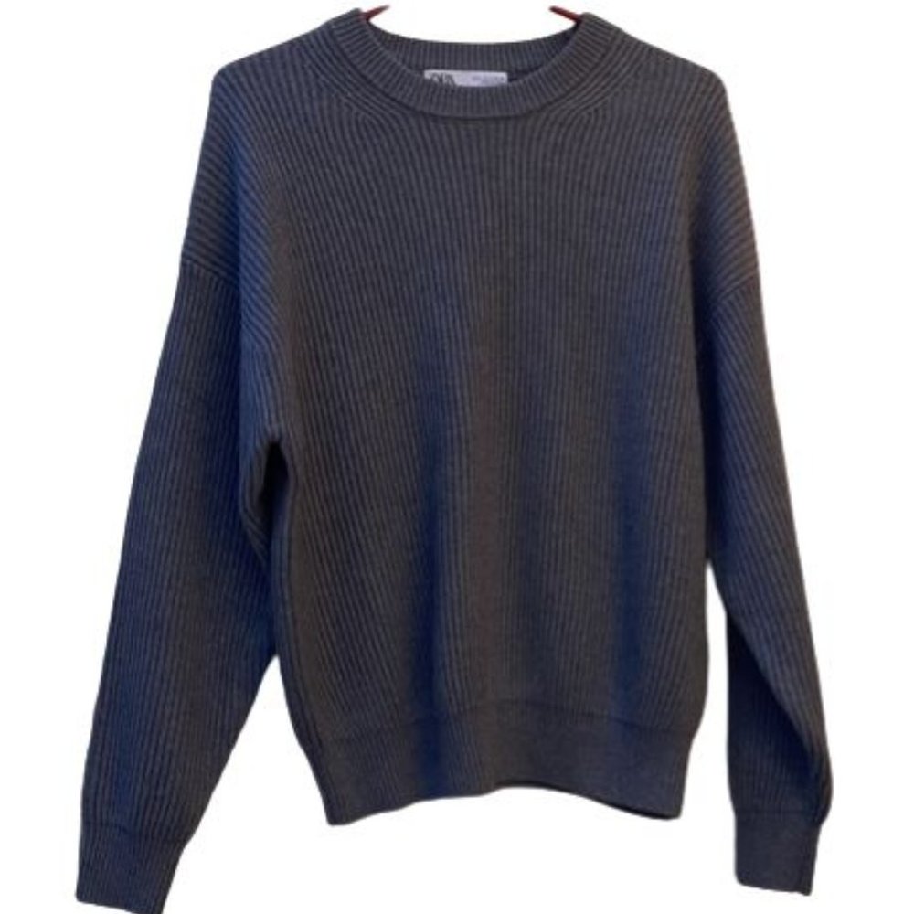 Zara Ribbed Knit Wool Sweater Gray Size S